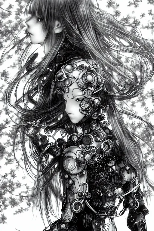 Image similar to a vertical portrait of a character in a scenic environment by Yoshitaka Amano, black and white, dreamy, cybernetic suit, wavy long black hair, highly detailed