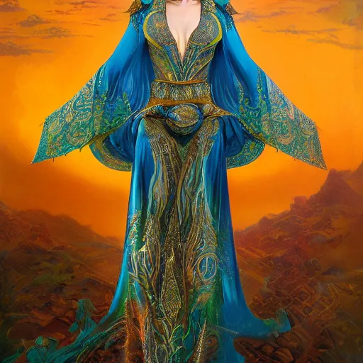 Image similar to a beautiful woman wearing a blue and green kaftan made of silk with golden ornaments and diamonds by alex gray and android jones , Karol Bak, Ayami Kojima, Amano , concept art, character design, fantasy,3D, 8k resolution