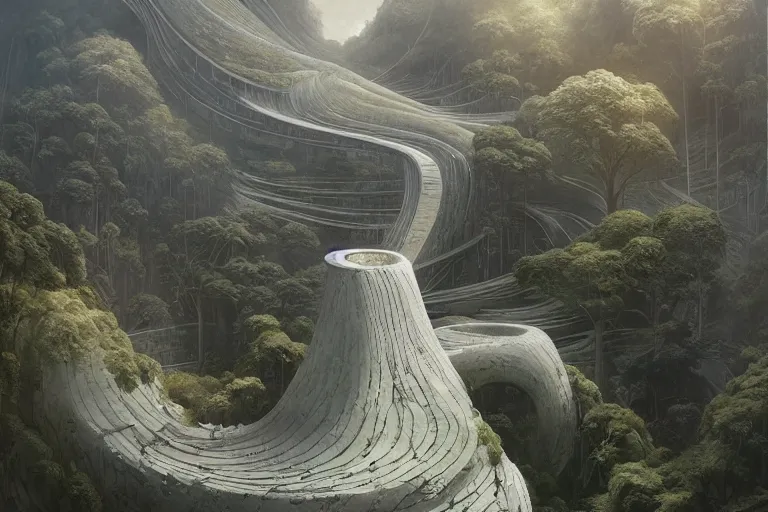 Prompt: Gleaming white Brutalist Shiro overlooking a valley, Himeji Rivendell overlooks the Garden of Eden, terraced orchards and ponds, lush fertile fecund, amazing concept painting, by Jessica Rossier by HR giger by Beksinski