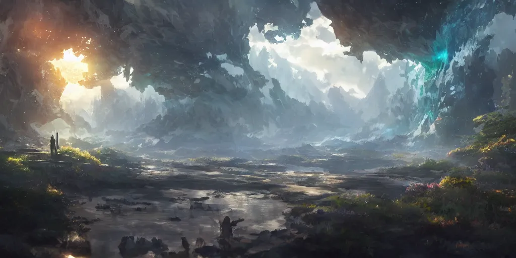 Prompt: Landscape of crystals by Makoto Shinkai, Greg Rutkowski, and Amano Yoshitaka