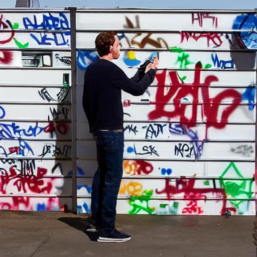 Image similar to mark zuckerburg huffing paint behind graffiti dumpster