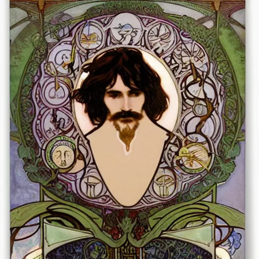 Image similar to a close up man with small mustache and small beard by louis - theophile hingre and alphonse mucha, realistic, sharp focus, zodiac signs, tarot cards, planets, ethereal, art nouveau, magic, moon, sun, crown, dreamy, royal, jewellery