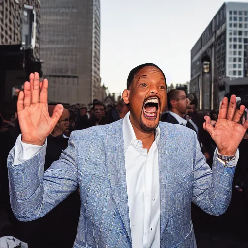 Image similar to will smith screaming at chris rock, canon eos r 3, f / 1. 4, iso 2 0 0, 1 / 1 6 0 s, 8 k, raw, unedited, symmetrical balance, wide angle