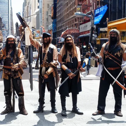 Image similar to real pirates standing with they swords ready in the middle of the road in new york city.