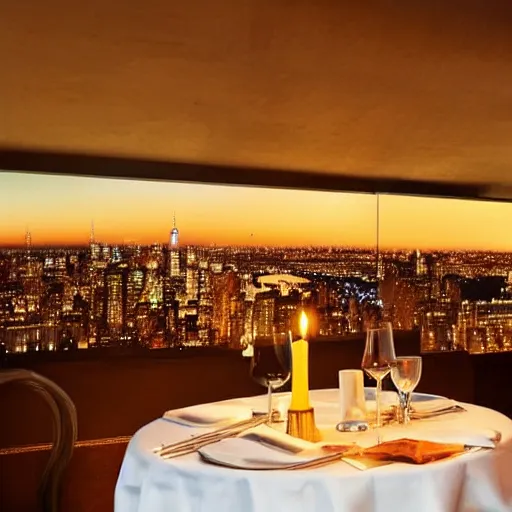 Prompt: beautiful glowing candle - lit dinner with wine bottle overlooking the new york city skyline