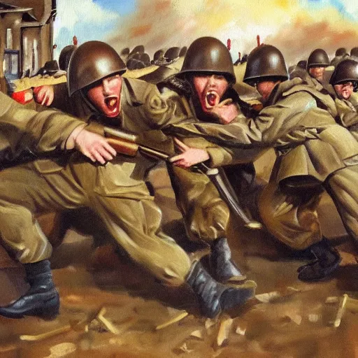 Prompt: world war 2 soldiers attacking tesco supermarket oil painting
