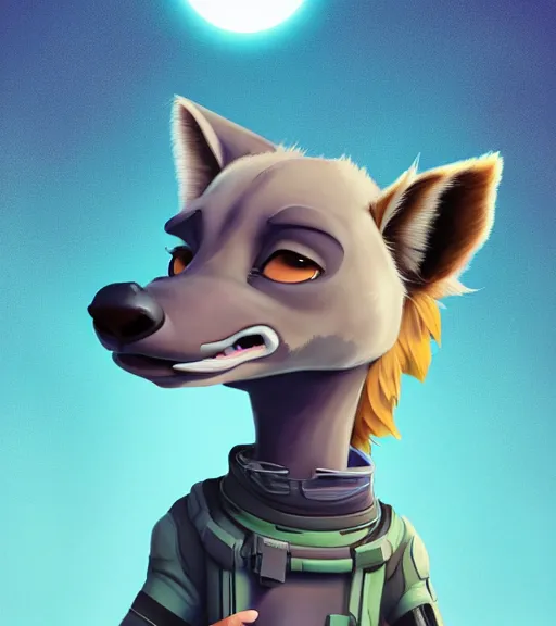 Image similar to digital detailed portrait of anthromorphic female hyena, in style of zootopia, fursona, furry, furaffinity, 4 k, deviantart, wearing astronaut outfit, in style of disney zootopia, floating in space, space background, in deep space, dark background, hyena fursona, cyberpunk, female, detailed face, style of artgerm,