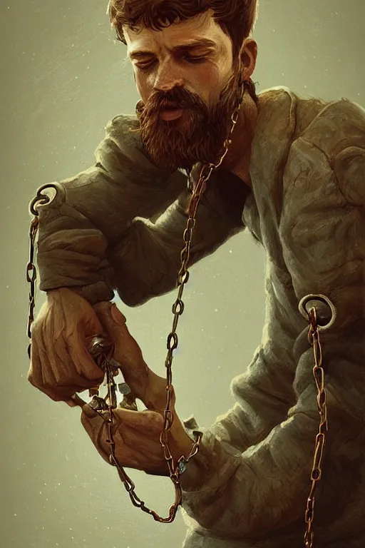 Image similar to cery tired man man chained to a game xonsole, retro picture, fantasy, intricate, elegant, highly detailed, digital painting, artstation, concept art, addiction, chains, smooth, sharp focus, illustration, art by ilja repin