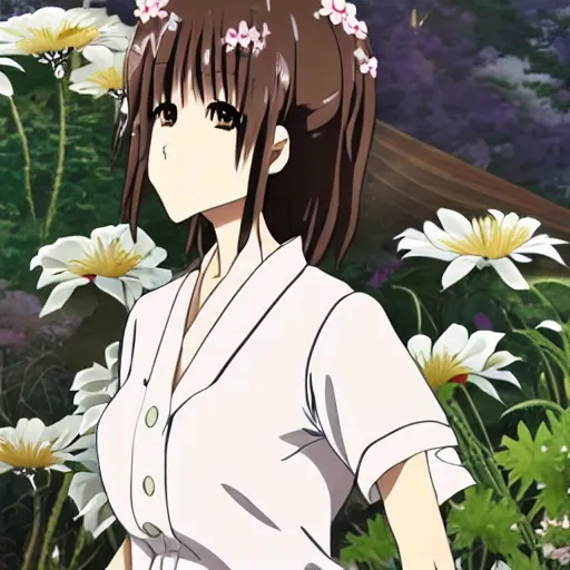 Image similar to Detailed anime key visual of a beautiful Japanese woman with short brown hair, shoulder-length; wearing a white shirt with a floral pattern; Official media