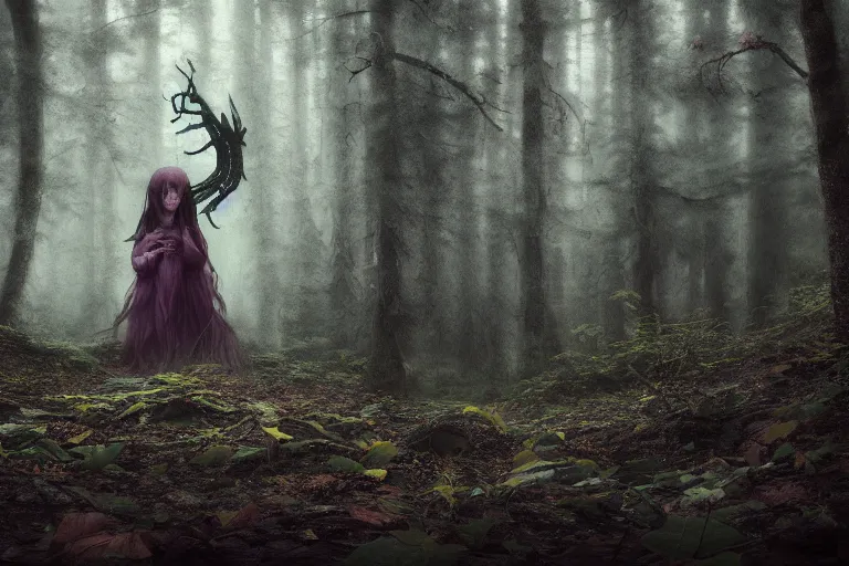 Image similar to dark eldritch girl in a swedish forest, very low angle photograph, very detailed, trending on artstation, hyperrealistic, soft colors, simon stalenhag, lovecraft, horror