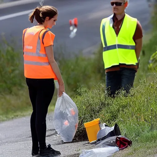 Image similar to emma watson in a hi vis vest picking up trash on the side of the road. midday sun,