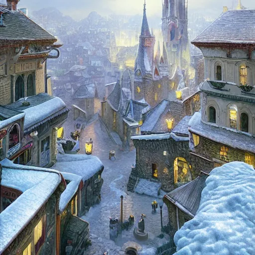 Image similar to an ultra detailed matte painting of the quaint town of galic, grid shaped city cobblestone streets, fantasy city, light snowfall, wind, inspiring gothic architecture, ultrawide lense, aerial photography, unreal engine, exquisite detail, 8 k, art by greg rutkowski and alphonse mucha