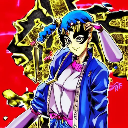 Image similar to a jojo's bizarre adventure manga artstyle colorful sktech : Marie the mother of Jesus standing up arm crossed by hirohiko araki shonen jump, crips details, realistic, featured on Artscape