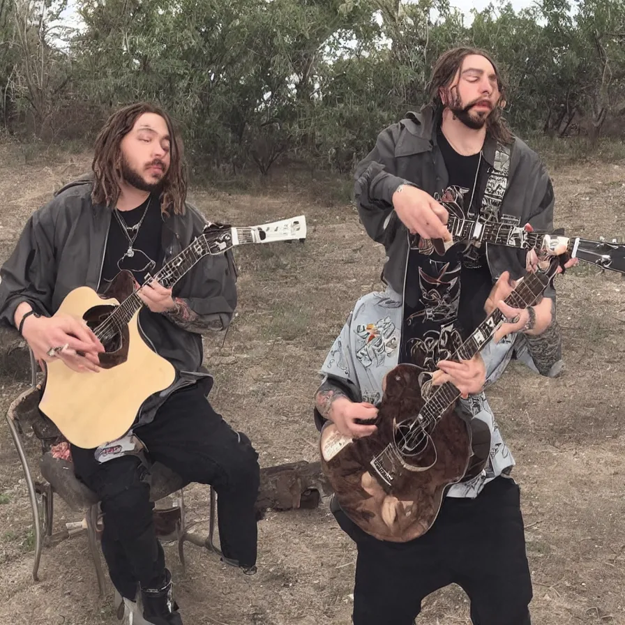 Prompt: trailcam footage of Post Malone playing a guitar on a mexican street