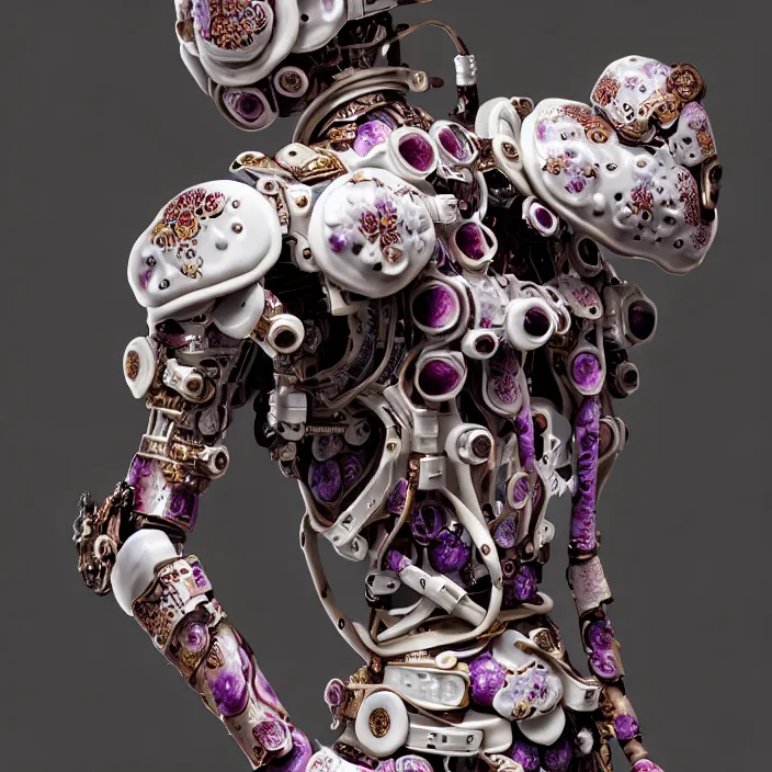 Image similar to ceramic cyborg, Kakiemon design exoskeleton with plums and stylized flowers in glaze and gilding, diffuse lighting, fantasy, intricate, elegant, highly detailed, lifelike, photorealistic, digital painting, artstation, illustration, concept art, smooth, sharp focus, art by John Collier and Albert Aublet and Krenz Cushart and Artem Demura and Alphonse Mucha