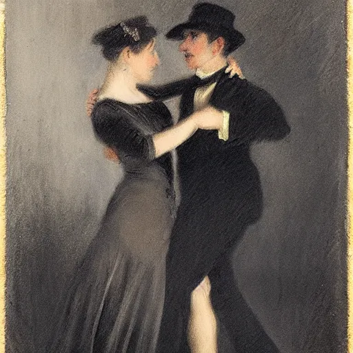 Image similar to old lady and young gentleman ballroom dancing by alfred stevens in charcoal