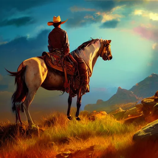 Prompt: cowboy on a hill, colorful, dramatic lighting, detailed, intricate, elegant, highly detailed, digital painting, artstation, concept art, smooth, sharp focus, illustration