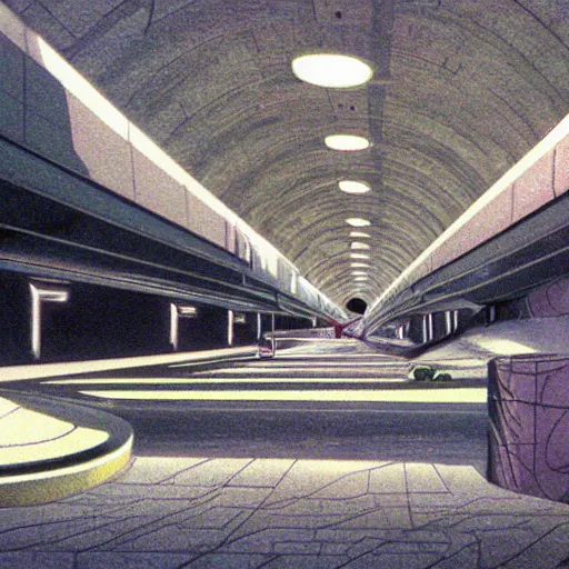 Image similar to a space station tunnel, brutalist architecture, by moebius