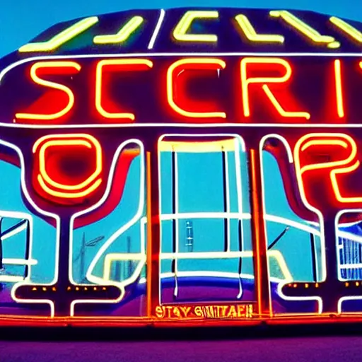 Prompt: space station city in outer space with route 6 6, americana architecture, neon signs, happy people walking and retro robots, huge glass windows, stars, wide angle photo, detailed, kodachrome