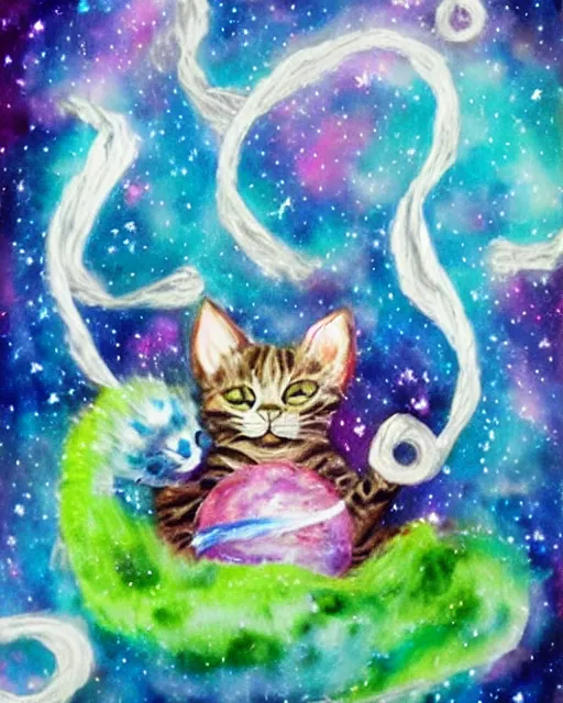 Image similar to cute galactic space kittens playing with yarn, painted in water colors