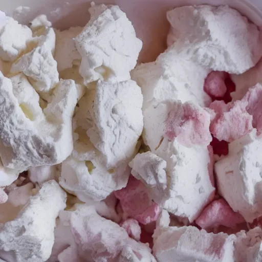 Prompt: white pink unjustifiable food chunks in styrofoam bowl,