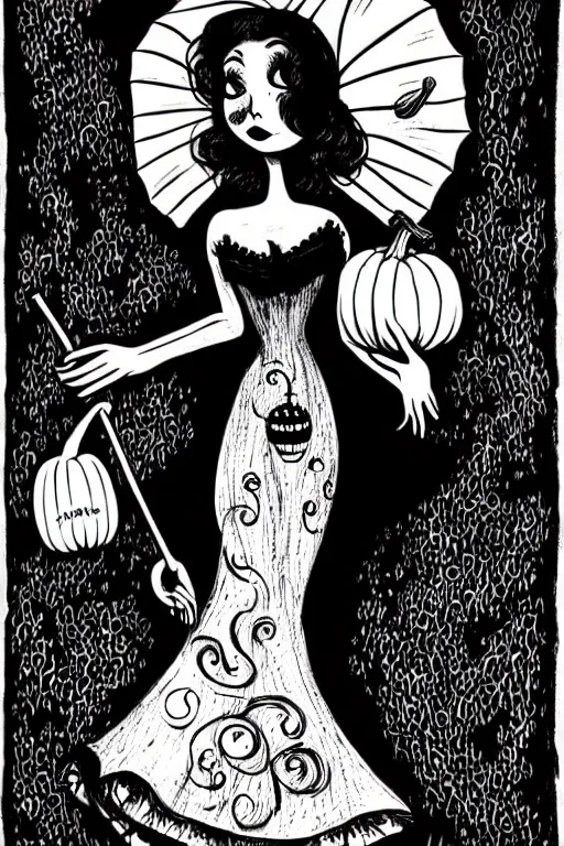 Image similar to black and white ink drawing of a beautiful woman in short gothic dress holding an umbrella next to a pumpkin by tim burton and edward gory