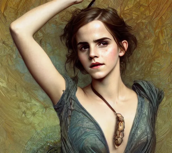 Image similar to photography of emma watson with hands - up and hairy armpits, deep focus, intricate, elegant, highly detailed, digital painting, artstation, concept art, matte, sharp focus, illustration, art by artgerm and greg rutkowski and alphonse mucha and gil elvgren