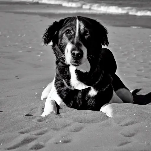 Prompt: black and white photograph of a dog that is a king in the beach