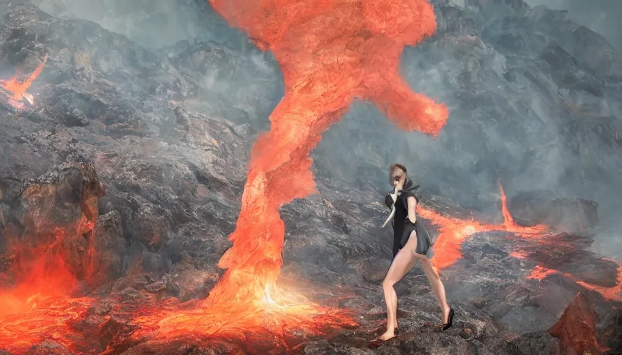 Image similar to A fashion Catwalk on a active volcano spewing lava, Fashion Photography, Octane, Redshift, High Detail