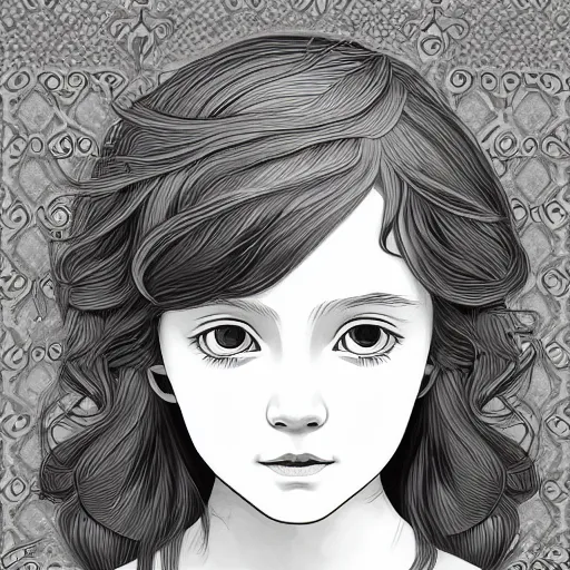 Prompt: clean simple line art of a little girl with short wavy curly light brown hair and blue eyes, a space empress in byzantine style. no background. well composed, clean, black and white, beautiful detailed face line art by ilya kuvshinov