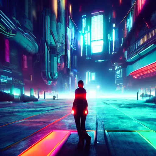 Image similar to « glowing neon lights, sunrise, cyberpunk, alita battle angel, blade runner, rainy, cold, clouds, far view, photorealistic, unreal engine 5, sharp focus »