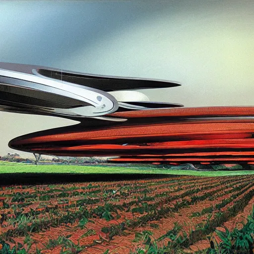Prompt: painting of a spaceship concept in a farm by syd mead