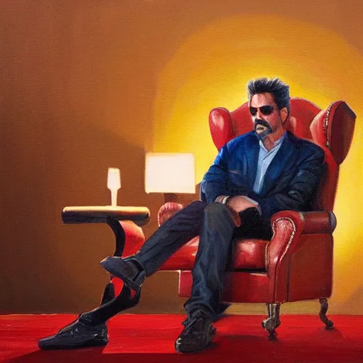 Image similar to detailed oil painting of tony stark sitting in an armchair in a room with the setting sun, by jama jurabaev, brush hard, golden hour