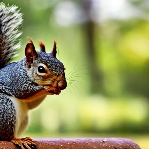 Prompt: A squirrel with a helmet made of acorn, real photo