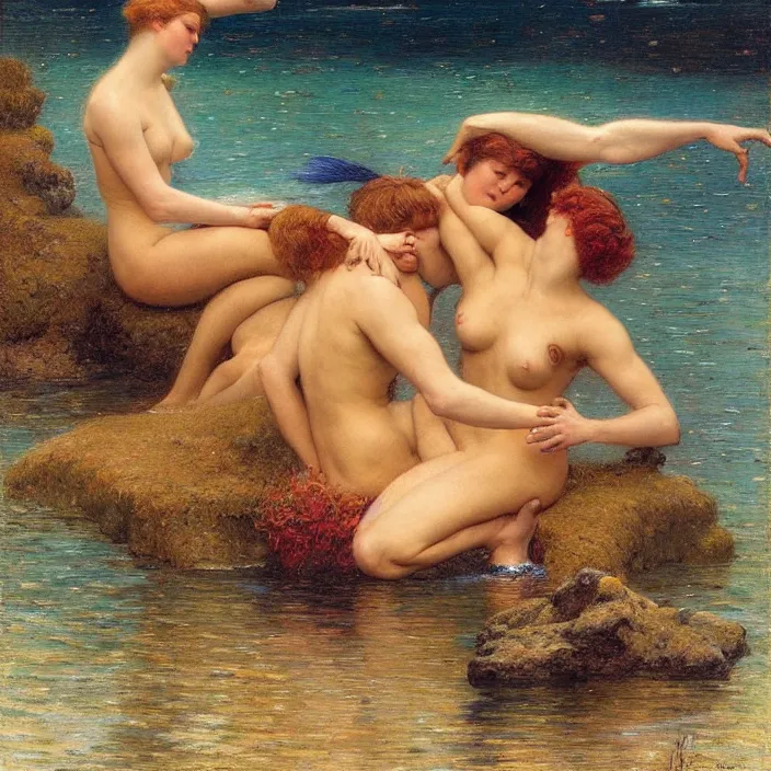 Image similar to beautiful portrait of mermaids wrestling, hard lighting, graceful, full body, warm lighting, painting by gaston bussiere, craig mullins, j. c. leyendecker, lights, art by ernst haeckel, john william godward, hammershøi