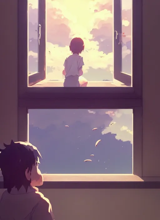 Image similar to boy and girl watching outside from a window, big whales on are on the the sky, illustration concept art anime key visual trending pixiv fanbox by wlop and greg rutkowski and makoto shinkai and studio ghibli