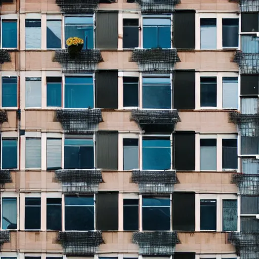 Image similar to a woman's hair grows from all the windows and doors of large apartment building, the hair reaches the ground, rendered