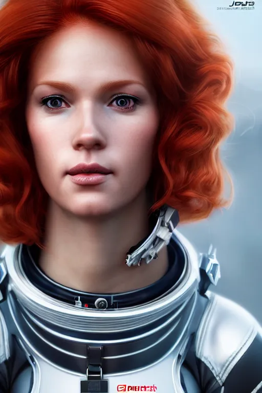Prompt: epic professional digital corporate headshot art of attractive redhead astronaut, 4 5 mm lens, facing front, by neal adams and joelle jones artstation, cgsociety, wlop, epic, much wow, much detail, gorgeous, detailed, cinematic, masterpiece