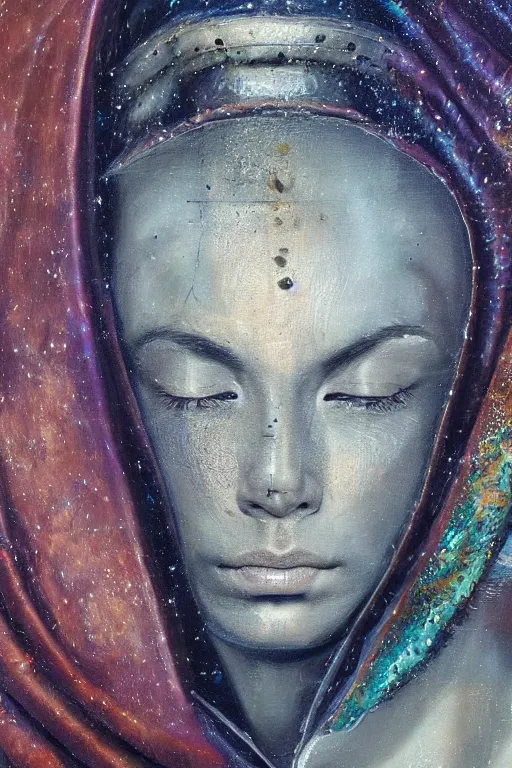 Image similar to hyperrealism oil painting, close - up portrait of face hiding in stingray medieval fashion model, knight, steel gradient mixed with nebula sky, in style of baroque mixed with 7 0 s book art