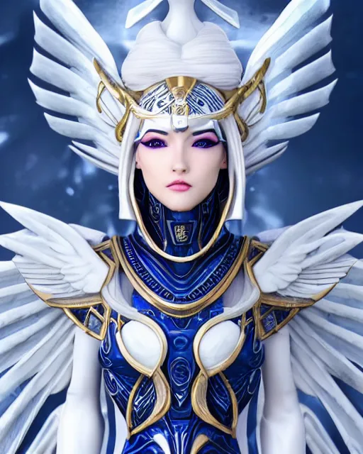 Image similar to perfect ornate white haired attractive egyptian goddess with huge white dove wings, warframe armor, beautiful, symmetric, dreamy, half asian, pretty face, blue eyes, detailed, scifi platform, laboratory, experiment, 4 k, ultra realistic, epic lighting, android body, illuminated, cinematic, masterpiece, art by akihito tsukushi, voidstar