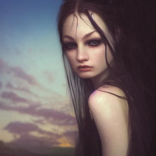 Image similar to photographic portrait of a stunningly beautiful gothic female in soft dreamy light at sunset, by edward robert hughes, annie leibovitz and steve mccurry, david lazar, jimmy nelsson, breathtaking, 8 k resolution, extremely detailed, beautiful, establishing shot, artistic, hyperrealistic, beautiful face, octane render