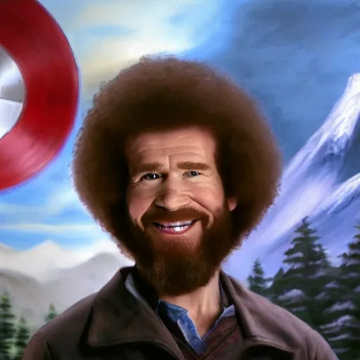 Image similar to a closeup photorealistic photograph of bob ross working on a canvas painting of captain america. happy trees, mountain scape. film still. brightly lit scene. this 4 k hd image is trending on artstation, featured on behance, well - rendered, extra crisp, features intricate detail, epic composition and the style of unreal engine.