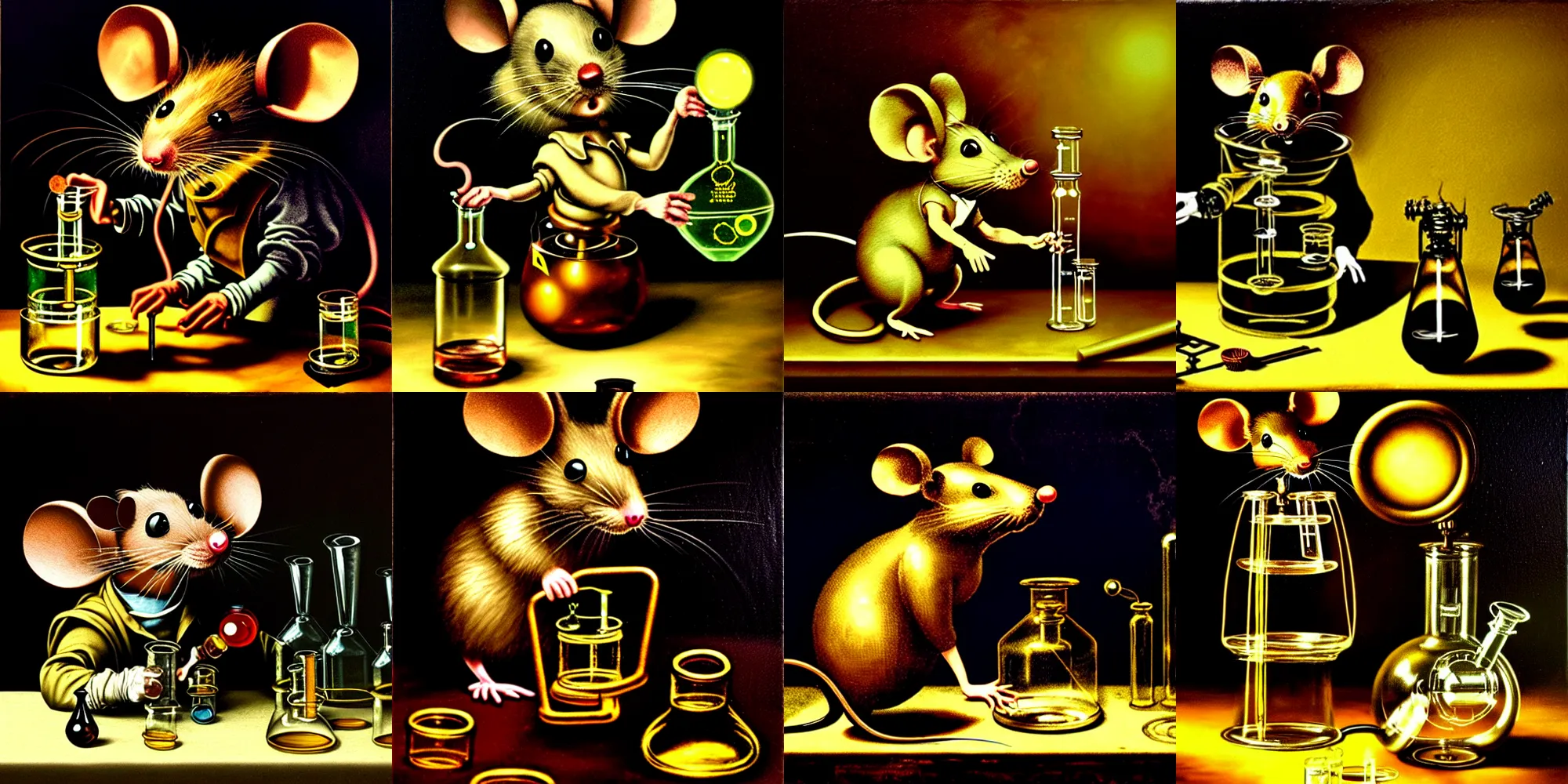 Prompt: a steampunk mouse performing a chemistry experiment with radioactive beakers, realistic, oil painting by caravaggio, chiaroscuro, renaissance art, realistic, intricate textures, matte fantasy painting