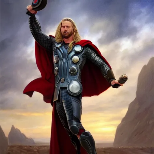Image similar to Thor holding Mjolnir, detailed, centered, digital painting, artstation, concept art, donato giancola, Joseph Christian Leyendecker, WLOP, Boris Vallejo, Breathtaking, 8k resolution, extremely detailed, beautiful, establishing shot, artistic, hyperrealistic, beautiful face, octane render, cinematic lighting, dramatic lighting, masterpiece