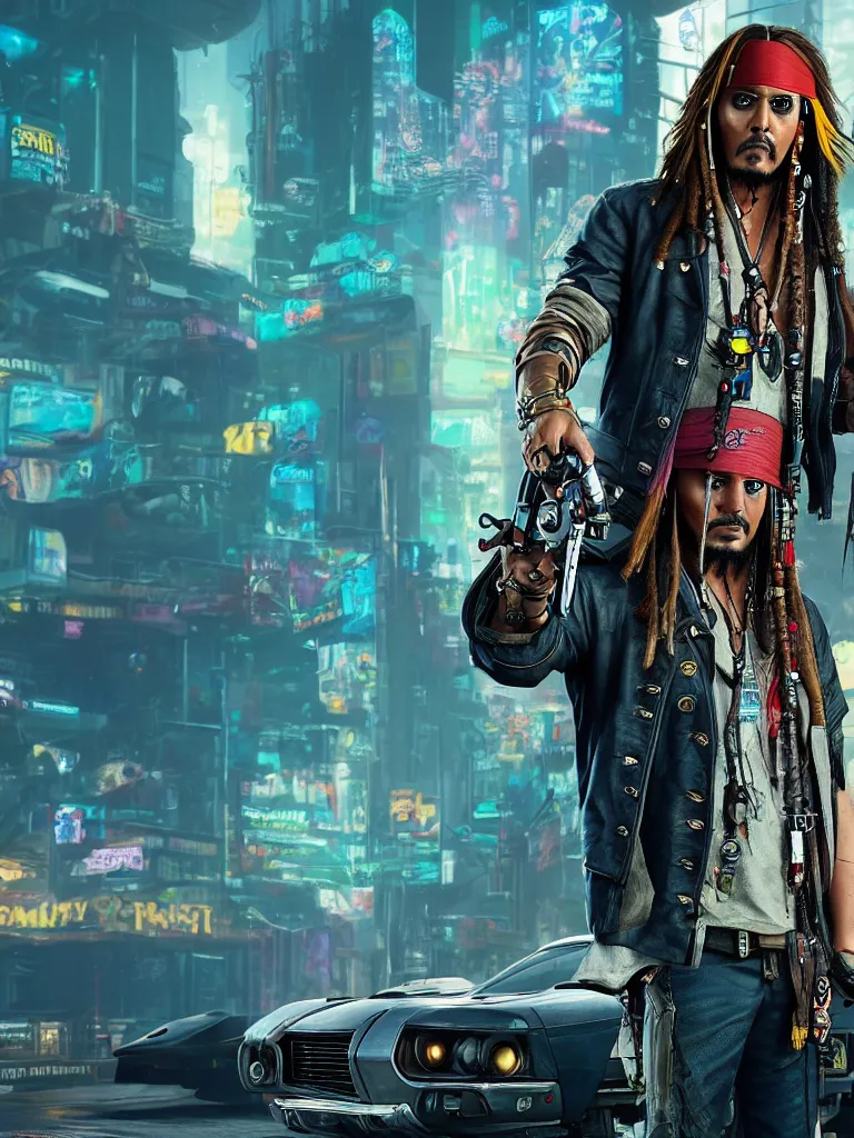 Image similar to jack sparrow in the game of cyberpunk 2 0 7 7, portrait, focus, 3 d illustration, sharp, intricate, poster, jack sparrow standing in front of the futuristic car, night city dystopian cyberpunk city in the background, photo, 3 d super render