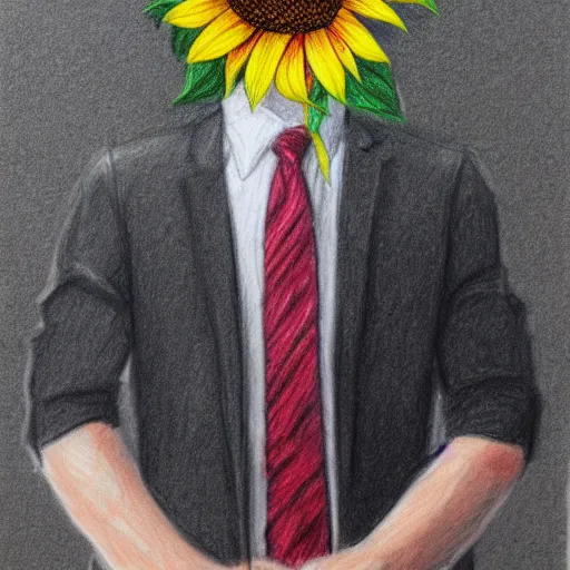 Image similar to long shot portrait, man with a sunflower instead of a head wearing a business suit, color pencil sketch