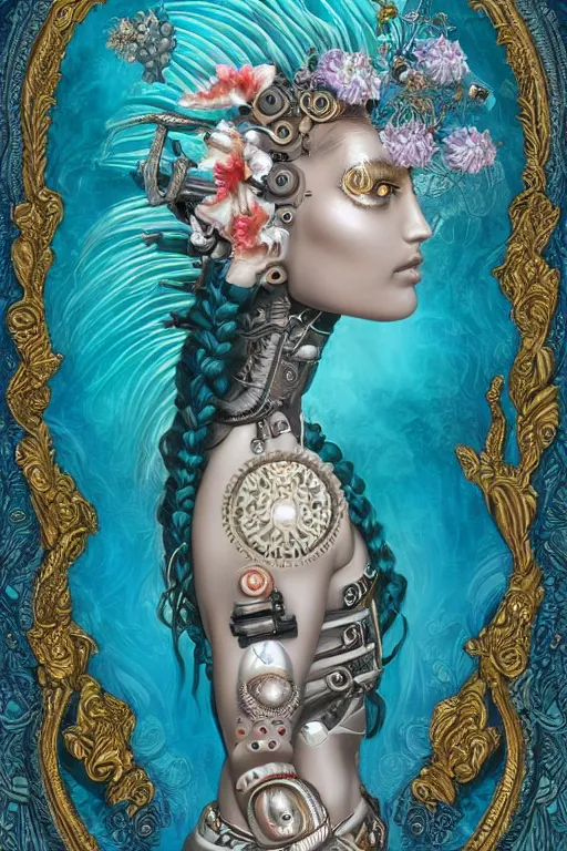 Prompt: a beautiful intricate fine art portrait photo of an indian cyborg with bionic implants, epic wavy hair spread out around her lined with white hibiscus, lying on a mandala, by natalie shau and james christensen, masterpiece!, turquoise blue face, mechanical robot body, top view, studio lighting, golden ratio composition, 3 5 mm lens, deep depth of field, artstation, 8 k