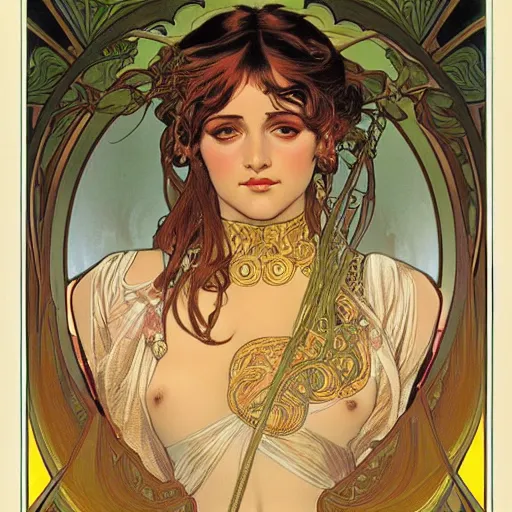 Prompt: realistic detailed face portrait of Kali by Alphonse Mucha, Greg Hildebrandt, and Mark Brooks, Art Nouveau, spirals, Neo-Gothic, gothic, Art Nouveau