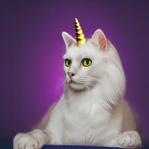 Prompt: portrait of cat unicorn, 5 0 mm soft room lighting