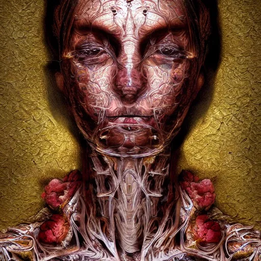 Image similar to face portrait of a beautiful woman, 150 mm, anatomical, flesh, flowers, mandelbrot fractal, veins, arteries, symmetric, intricate, golden ratio, full frame, microscopic, elegant, highly detailed, ornate, ornament, elegant , luxury, beautifully lit, ray trace, octane render in the style of peter Gric , alex grey and Romero Ressendi